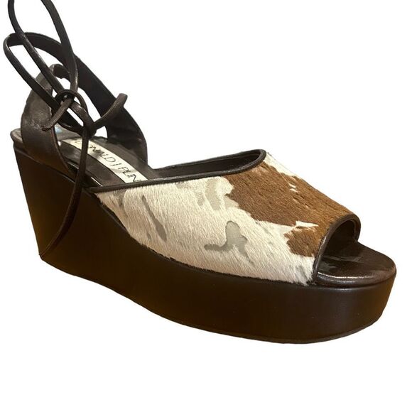 DONALD J. PLINER COWHIDE LEATHER LACE UP COW PRINT CHUNKY HEEL WEDGES - Picture 1 of 15